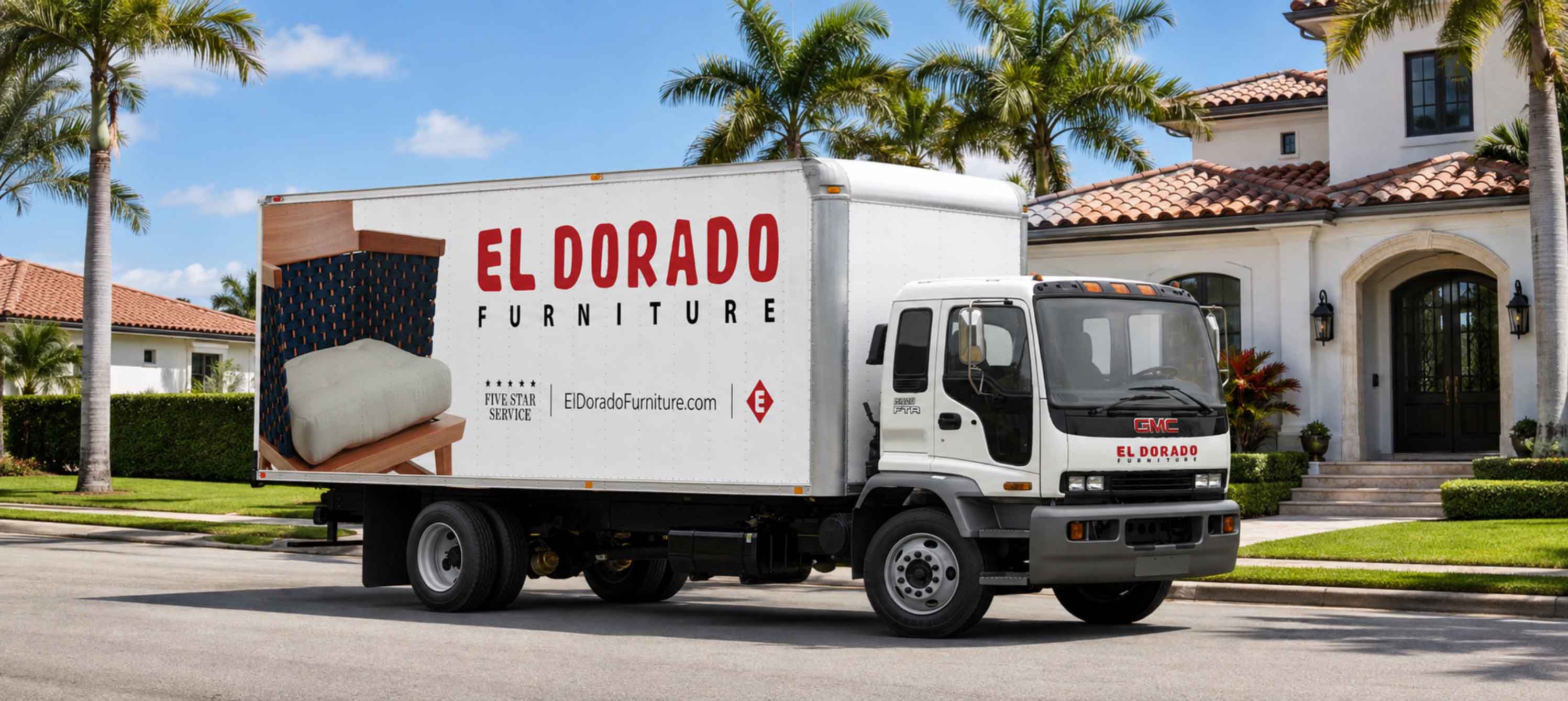El Dorado Furniture delivery truck parked in front of a customer's home
