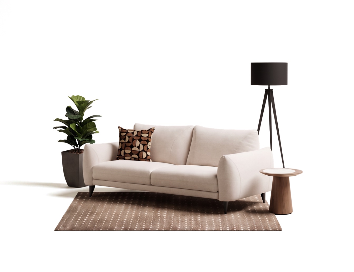 Cream sofa on a patterned rug with a black tripod floor lamp, side table and potted plant, on white.