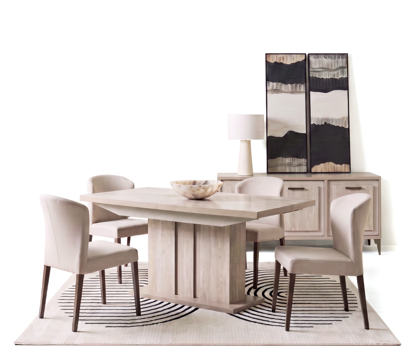 Pale oak extension dining table with upholstered chairs, a sideboard and tall art panels, on white.