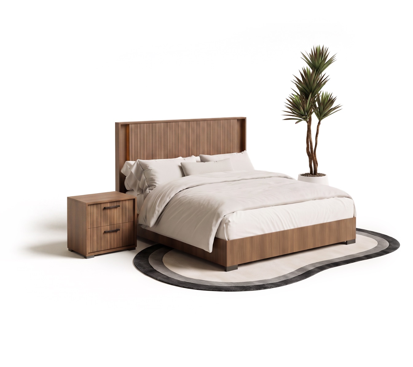 King bed with a tall fluted walnut headboard and matching nightstand on an oval rug, on white.