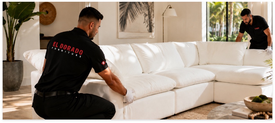 Two El Dorado Furniture delivery associates in white gloves positioning a white sectional sofa in a customer's living room