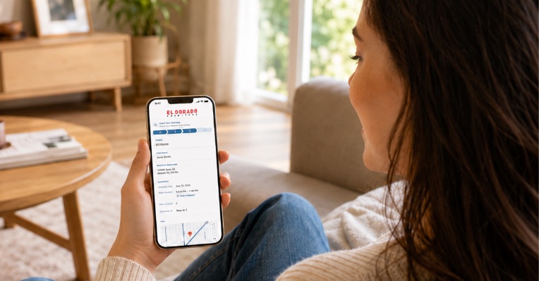 Customer checking her El Dorado Furniture delivery status on her phone at home