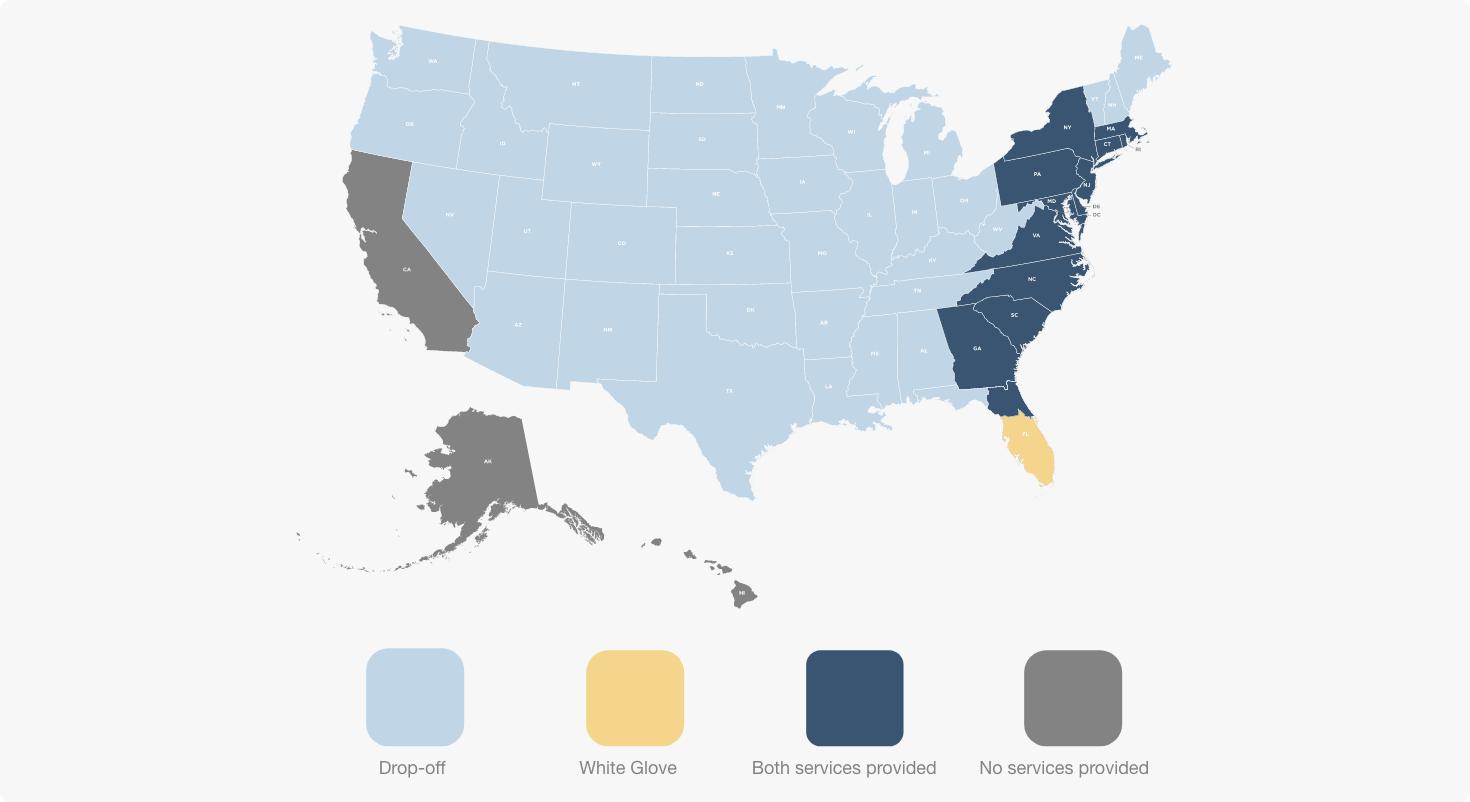 Map of the United States showing which states receive White Glove Delivery, Drop-off Delivery, both, or no service