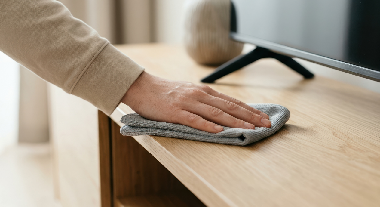 Close-up of a hand cleaning a TV base with a microfiber cloth