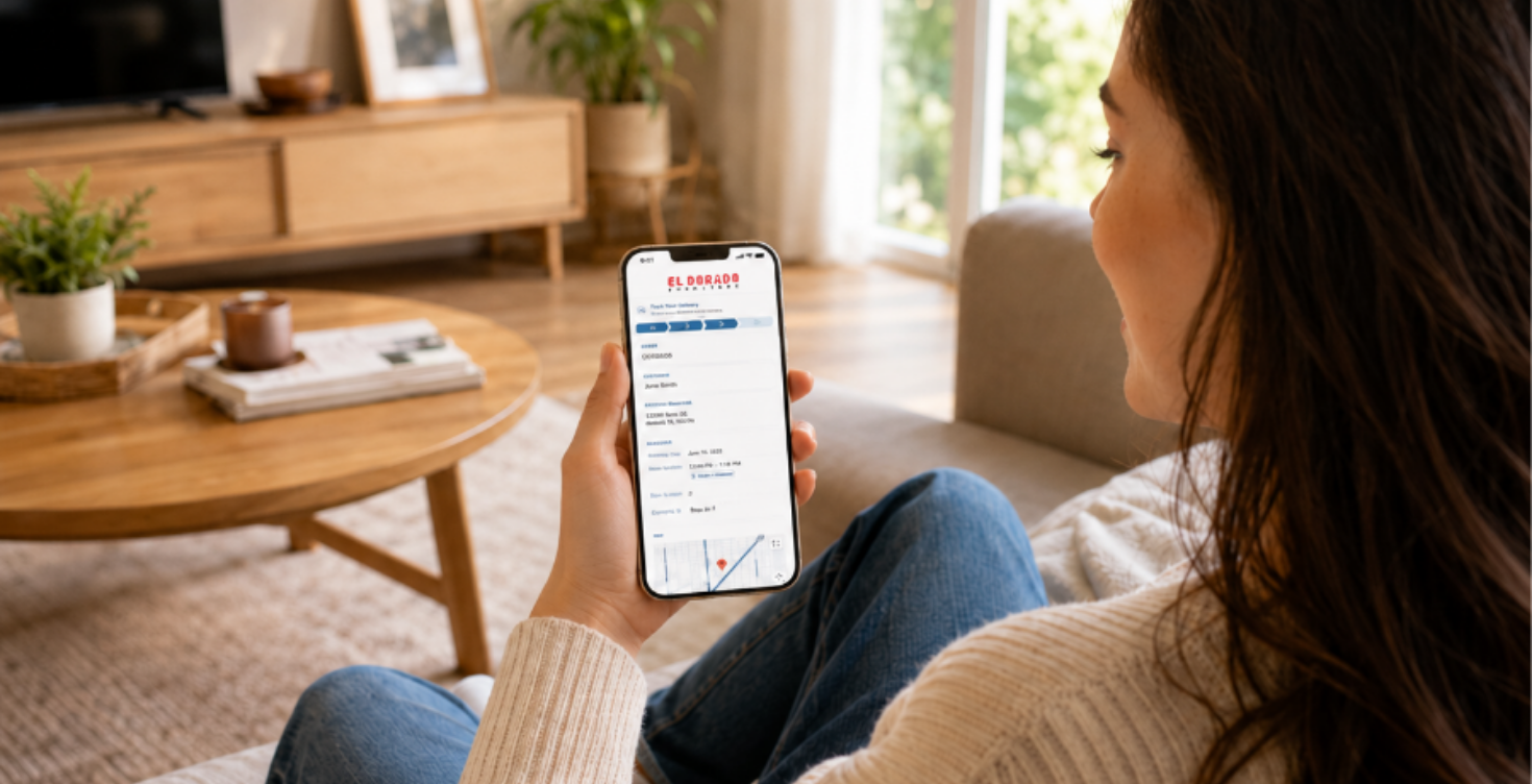 Customer using a tablet to track her El Dorado Furniture delivery on a map