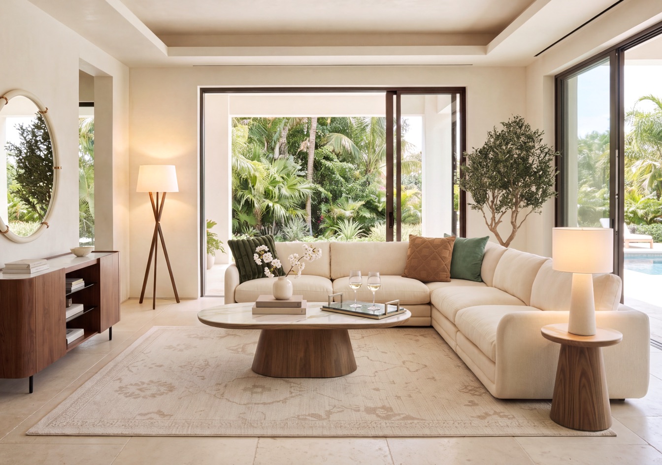 Italian-inspired living room with a cream sectional sofa, round wood coffee table, walnut buffet, floor lamp and layered neutral rug.