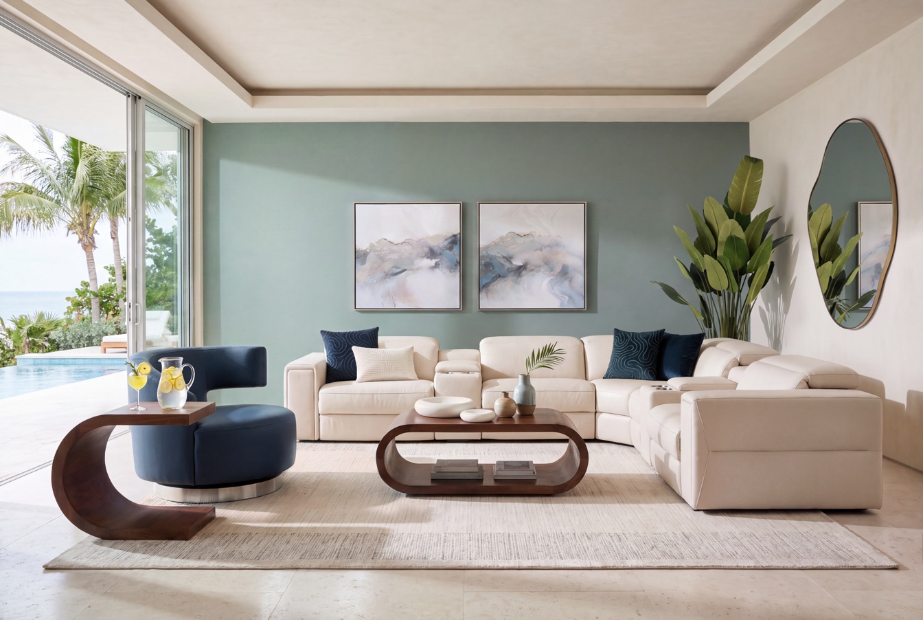 Living room with a cream leather corner sofa, navy accent chair, walnut coffee table and coastal artwork above a sage feature wall.
