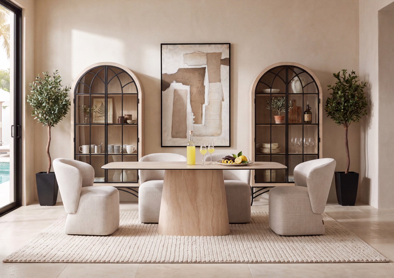 Dining room with a pale oval table and boucle chairs between two arched display cabinets, framed art above and olive trees at either side.