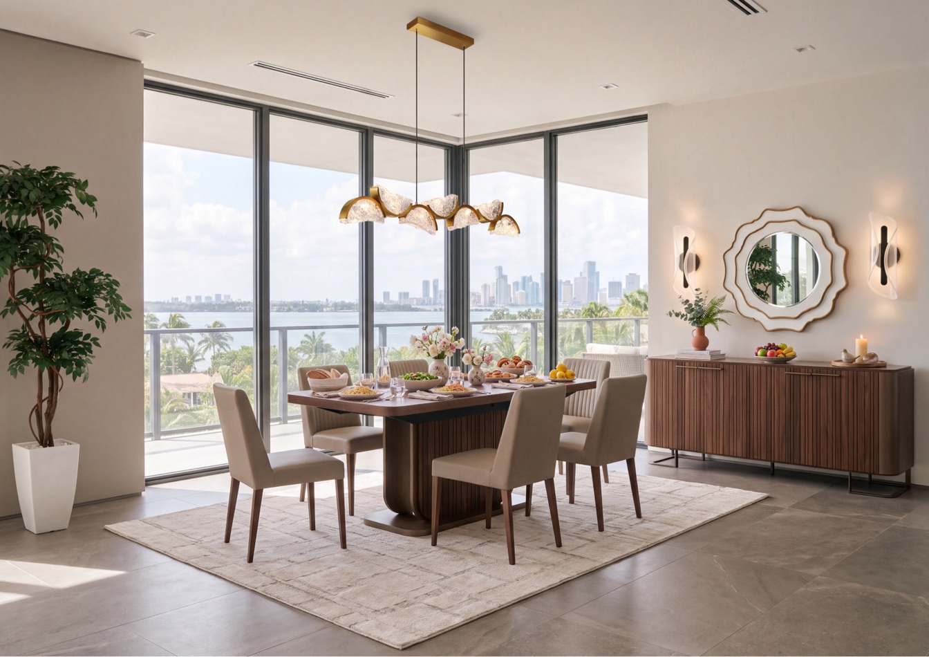Dining room with a walnut table set for six, a sculptural gold chandelier, city and bay views, and a fluted sideboard with a round mirror.