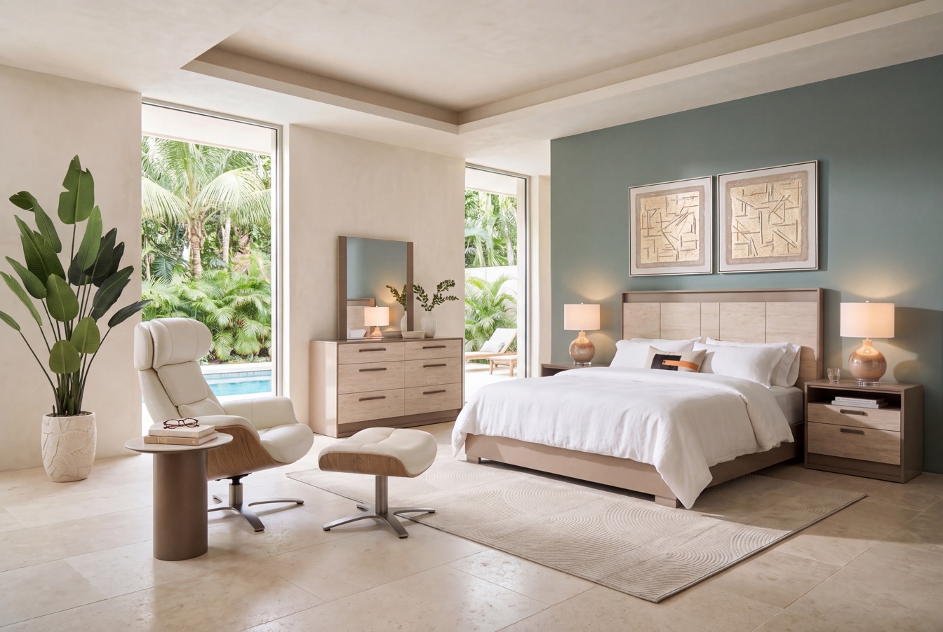 Bedroom with a light oak panel bed, matching dresser and mirror, a cream leather recliner and a sage feature wall.